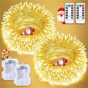 2 Pack Battery Operated Christmas Lights 66ft 200 LED Warm White Remote Indoor